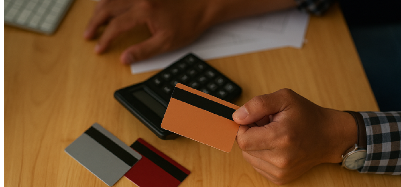 Dito pelo ChatGPT:  Um homem segura um cartão de crédito dourado sobre uma secretária de madeira, onde estão também dois outros cartões, uma calculadora, um teclado e folhas com dados financeiros, sugerindo uma análise de consolidação de créditos.